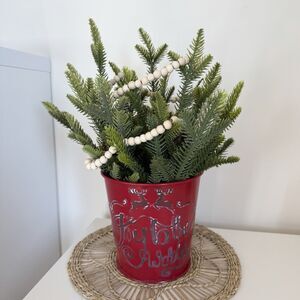 Handmade Artificial Christmas Pine Tree Arrangement in Red Metal Bucket